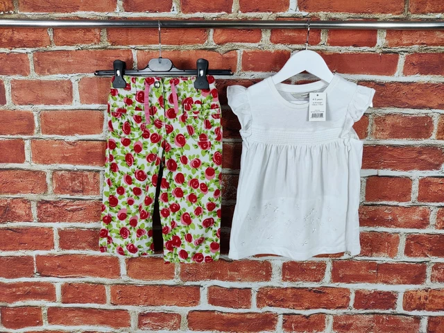 Pantaloni Estivi Floreali Ragazze Età 4-5 Anni Bordo George Maglietta Bianca 110Cm