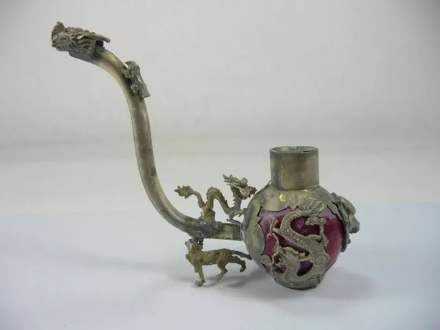 Collectible Old Handwork Tibet Silver Carved Dragon inlay Jade Smoking Pipe Tool 3