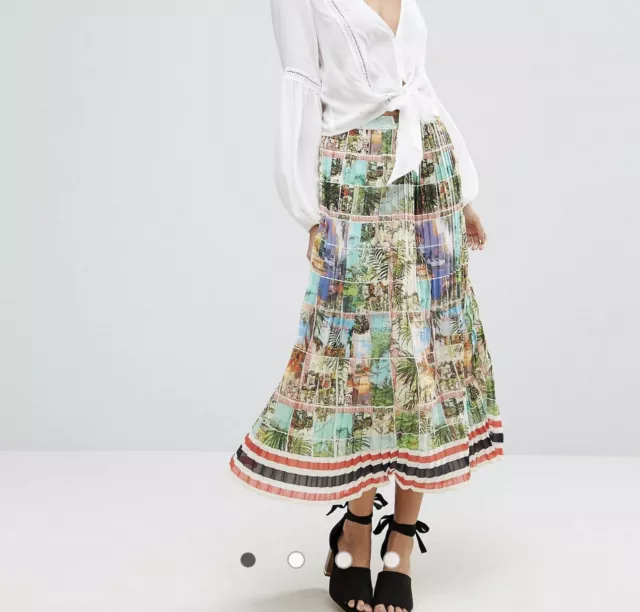 ASOS Womens Pleated Midi Skirt Size 2 Postcard Print Chiffon High Waist