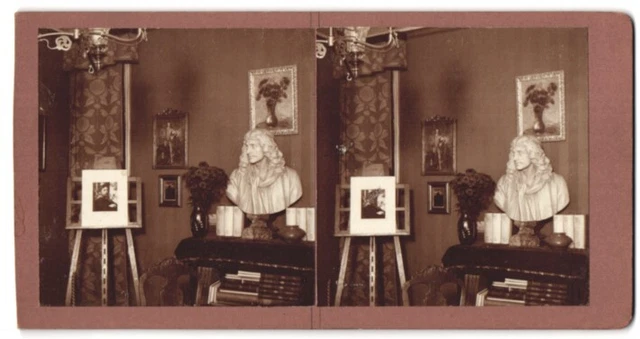 Stereo-Fotografie Fotograf unbekannt, Atelier mit Büste & Gemälde auf Staffelei