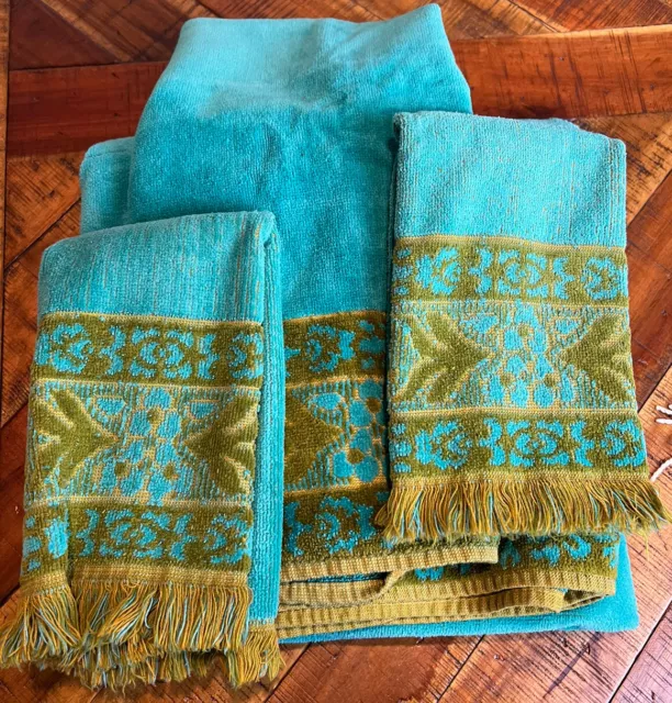 Vintage Sculpted Towel Set/1 Bath, 3 Hand Olive Green Turquoise Mid Century EUC