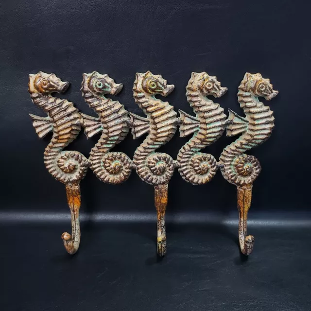 Iron 5 Seahorse Wall Hooks Ocean Beach Nautical Theme Rust Patina Finish 3 Hooks