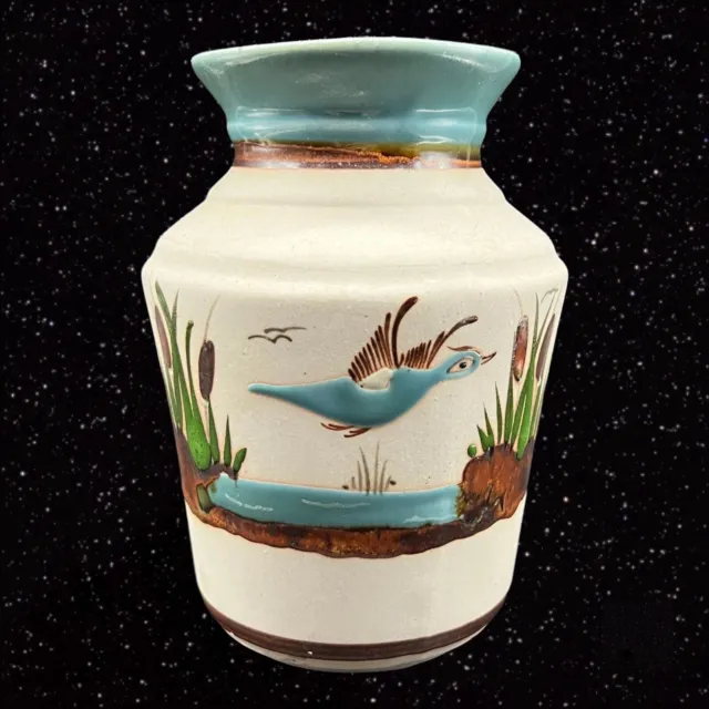 Colorful Mexican Talavera Pottery Vase Mexico Folk Art Blue Duck Bird 6.5”T 3.5”
