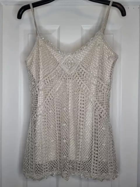Oasis Y2K 2000s cream Beige Gold crochet layered cami tank Large Sequin