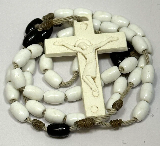 Vintage White/Black Plastic Catholic Beaded Rosary Prayer Necklace w/Crucifix