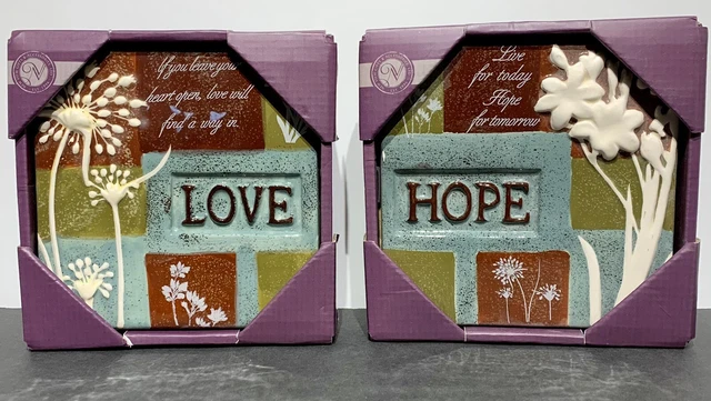 2 New Ceramic Love & Hope Handpainted Silhouette Wall Plaques. Still In Boxes.