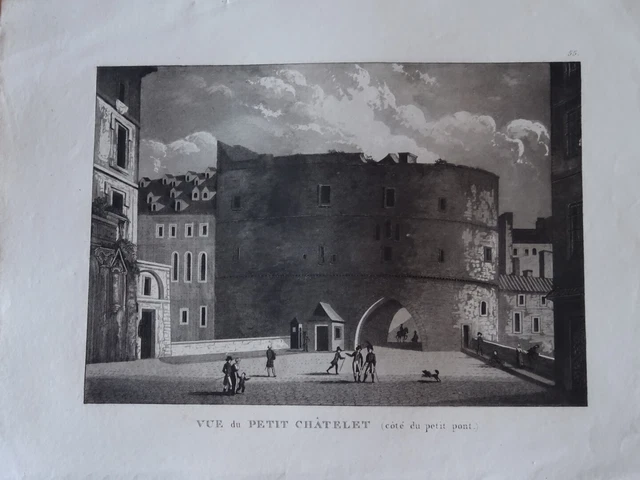 BELLE Gravure ANIMEE VUE PARIS PONT PETIT CHATELET  ILE DE LA CITE SEINE 1820