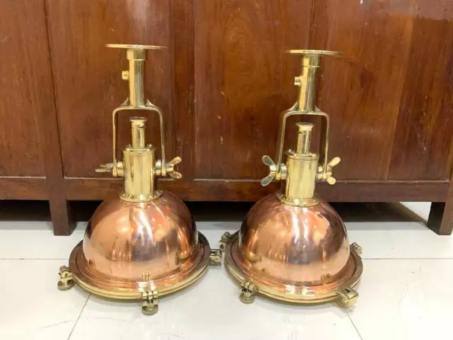 Nautical Marine Style Solid Brass and Copper Hanging Pendant Light - Lot of 2