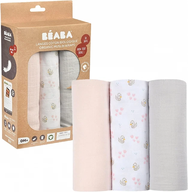 BÉABA, Lot de 3 Langes Bébé, Mousseline Coton Biologique, Cygne