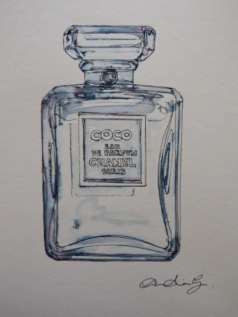 Original Pen & Ink Wash Drawing bottle of Coco Chanel Perfume Watercolour Paper