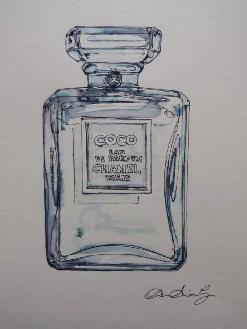 Original Stift & Tinte waschen Zeichnungsflasche Coco Chanel Parfüm Aquarellpapier