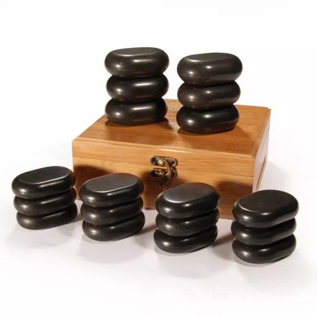 Master Massage 18St Hot Stone Set Massagesteine Schwarz Lava Basalt Bambusbox