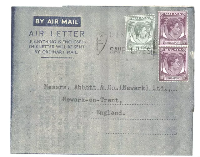 Singapore 1954 Neat airletter to UK frank KG6 2x 10c + 6c, nice typed letter o