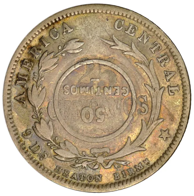 COSTA RICA 50 Centavos 1889(1923) Heaton Counterstamped on 25 Centavos