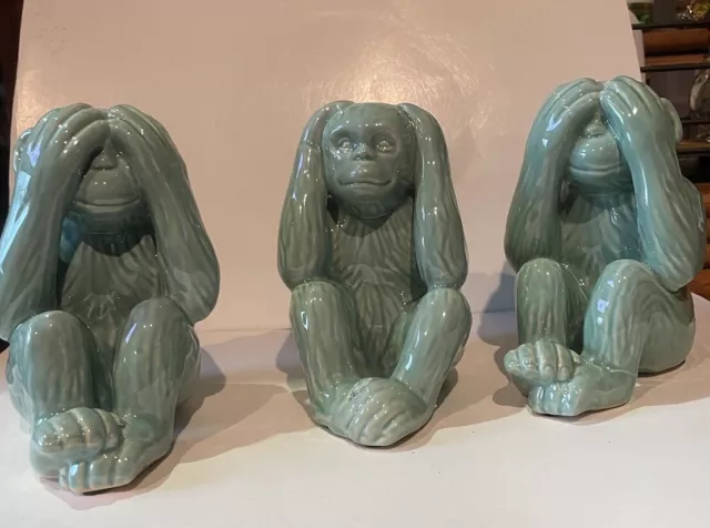 VINTAGE 3 WISDOM CELADON CERAMIC WISE MONKEYS FIGURES 2 SEE NO EVIL 1 Hear No Ev