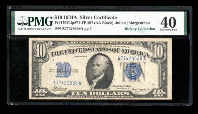DBR 1934-A $10 Silver Fr. 1702 Rare Face Plate 87 PMG XF-40 Serial A77429038A
