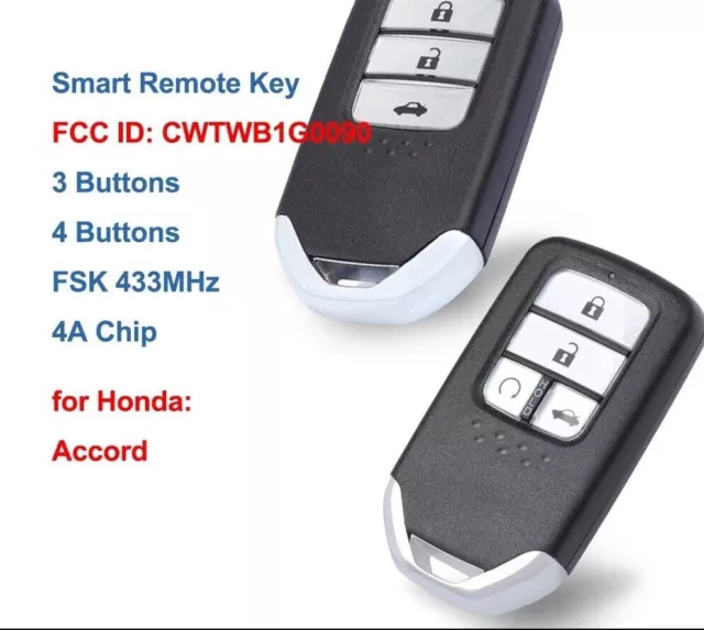 Smart Remote Car Key Fob Replacement 3 4 Buttons 433MHz 4A Chip for Honda