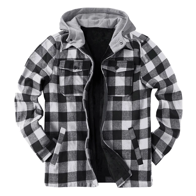 Mens Polar Fleece Lined Hoodie Plaid Lumberjack Sherpa Jacket Hooded Work Shirts
