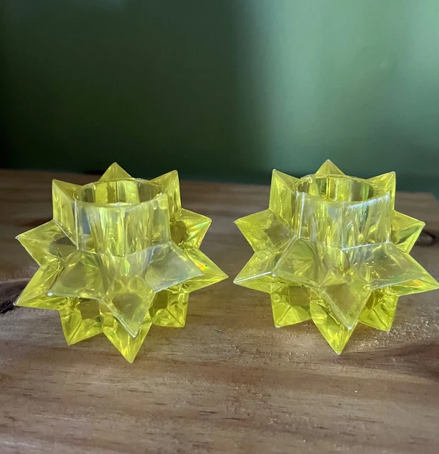 2 Vtg Mid Century Atomic Pair Lucite Plastic YELLOW Starburst Candle Holders Set