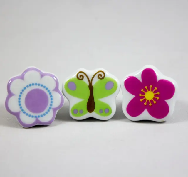 Lot of 3 Ceramic Cabinet Drawer Pulls Knobs Flowers Butterfly Kid's Furniture