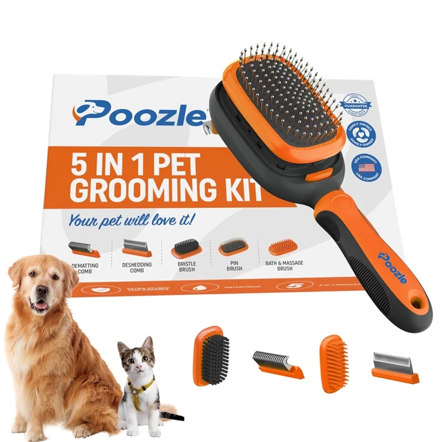 Poozle 5-In-1 Dog & Cat Grooming Kit – Professional Pet Brushes with Interchange