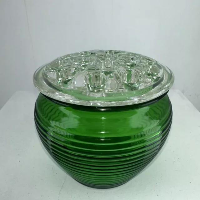 Vintage National Potteries Glass Emerald Green Beehive Vase with Flower Frog