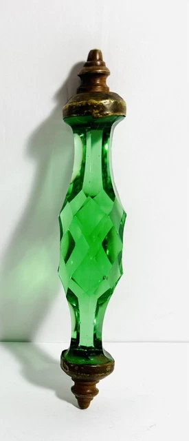 OLD Door Handle Brass Ends 6.5” Victorian Green Cut Glass Cabinet Pull Stylish