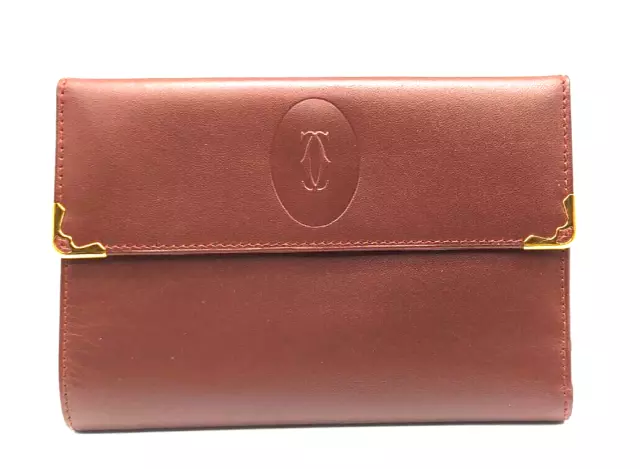 Authentic CARTIER ri-fold wallet must line leather with coin purse USED