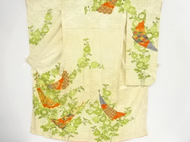 40459# Japanese Kimono / Antique Furisode / Embroidery / Folding Fan & Flowe