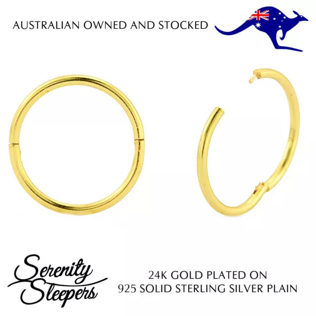 24K Gold Plated On Sterling Silver 925 Sleeper Hoop Earrings (Pair) NEW