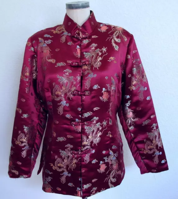 Vintage Asian Silk Brocade Jacket Phoenix Dragon XL Violet Purple Braided Frog