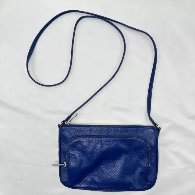 Fossil Womens Slim Crossbody Organizer Handbag Cobalt Blue Pebbled Leather