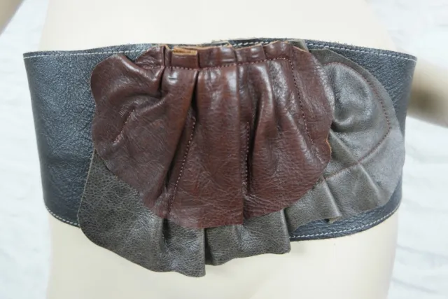 HANDMADE dark brown black tri-tone 100% leather vintage wide kidney belt EUC