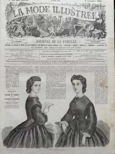 ORIGINAL Antique French MODE ILLUSTREE Nov 2, 1863, Clothing Sewing Pattern +Mag