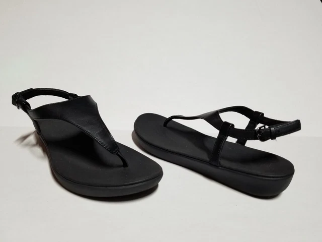 FitFlop Lainey Black Leather Toe Thong Wedge Sandals Womens Shoe Size 8