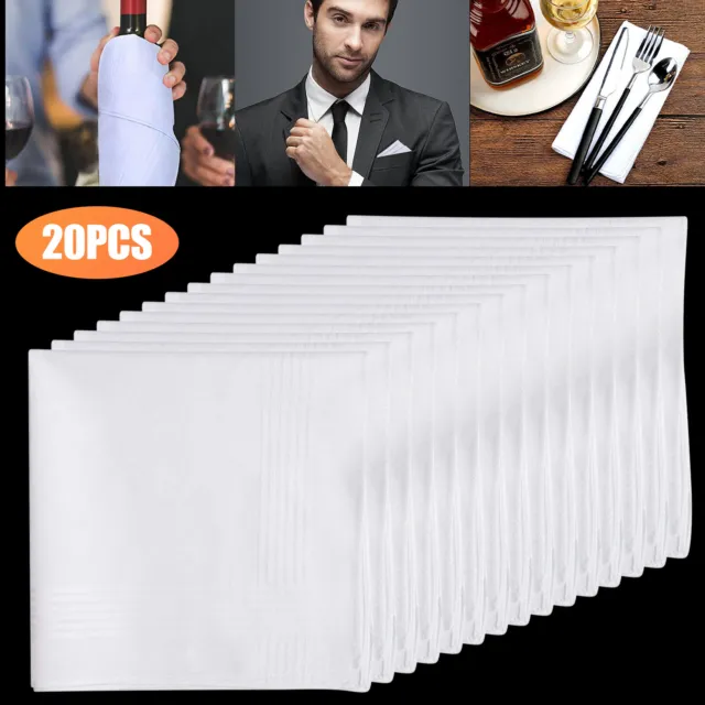20 PCS Mens Handkerchiefs 100% Cotton Classic Hankies Pocket White Gift 15x15in