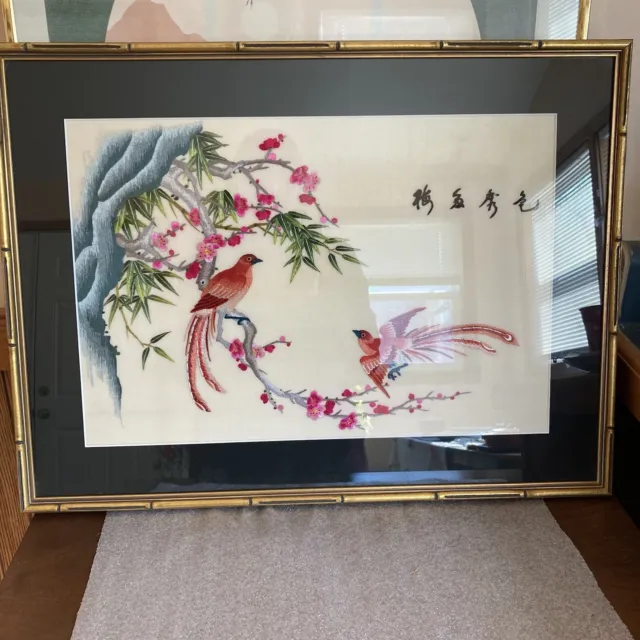 Vintage Japanese Embroidery Bird And Flowers On Silk Bamboo Style Gold Frame