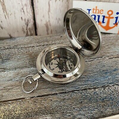 Silver Finish Brass Push Button Pocket Compass - Old Antique Style - Nautical