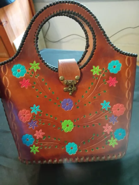 100% genuine mexican latigo leather Hand Tooled purse blue braided With Flowers