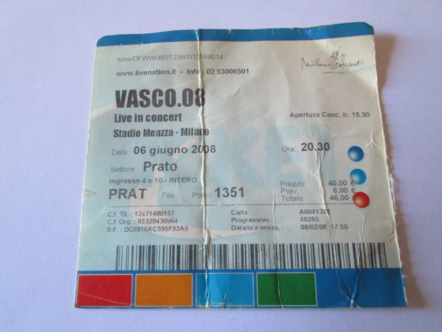 VASCO ROSSI TOUR 2008 music ticket biglietto musica stadio meazza milano