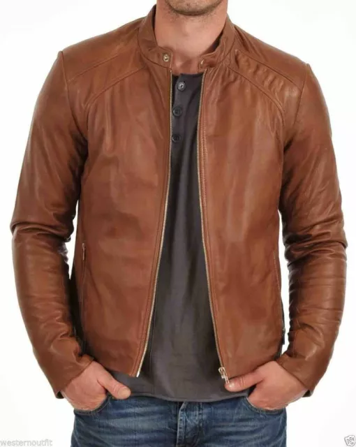Men Genuine Lambskin Leather Quilted Classic Slim Fit Biker Brown Coat Jacket