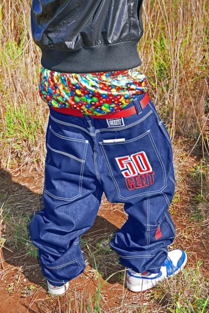 ☆—50 CENT—W32—GLANZ—SHINY—BAGGY JEANS—BLUE—BAGGIES—GLOSS—SILVER—HIP Hop— Pants—☆ £257.71 - PicClick UK