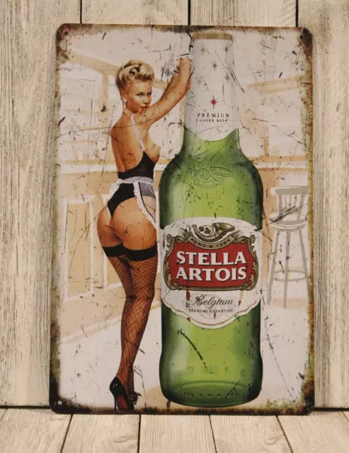 Stella Artois Beer Tin Metal Sign Sexy Pinup Girl Bar Irish Pub Vintage Look  XZ