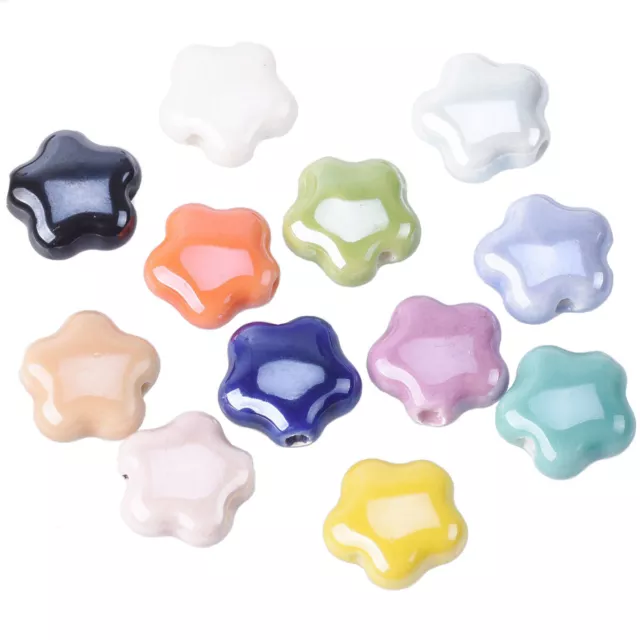 10 Stück 14mm Blume Stern Form Glänzend Glasiert Keramik Porzellan Lose Perlen