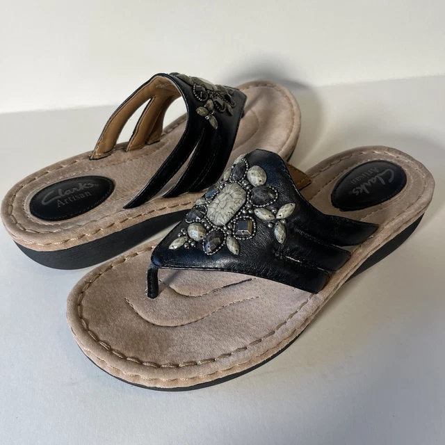 Clarks Artisan Sandal Womens 7 Black Thong Wedge Beaded Flip Flop Leather 64110