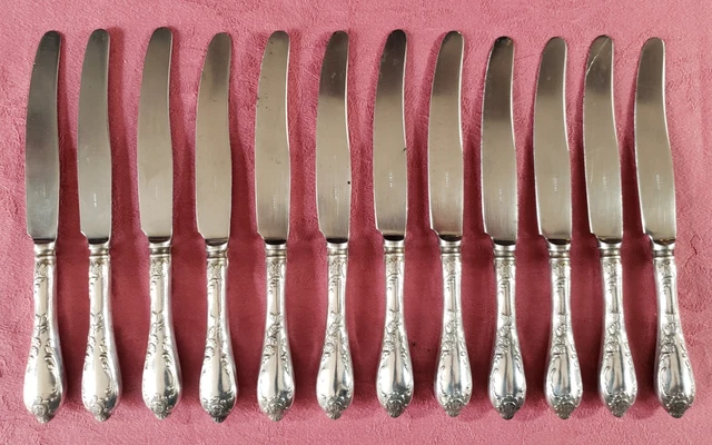 12 COUTEAUX A dessert lame en ARGENT MASSIF Minerve manche en os EUR 400,00 - FR
