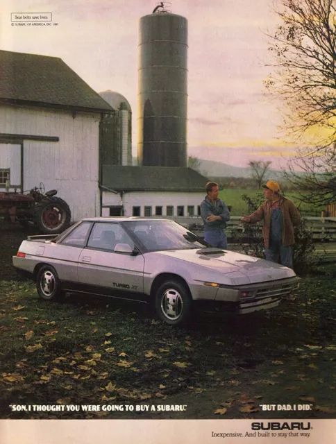 1986 Subaru XT - Father And Son Farmers Farm Barn Tractor Fence - Print Ad Photo