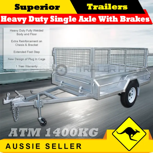 8x5 Heavy Duty Single Axle Box Trailer Braked Galvanised 600mm  900mm Cage