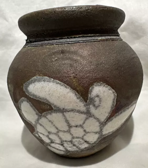 Ben Diller Signed Raku Studio Art Pottery Handmade Iridescent Sea Turtle Vase 3"