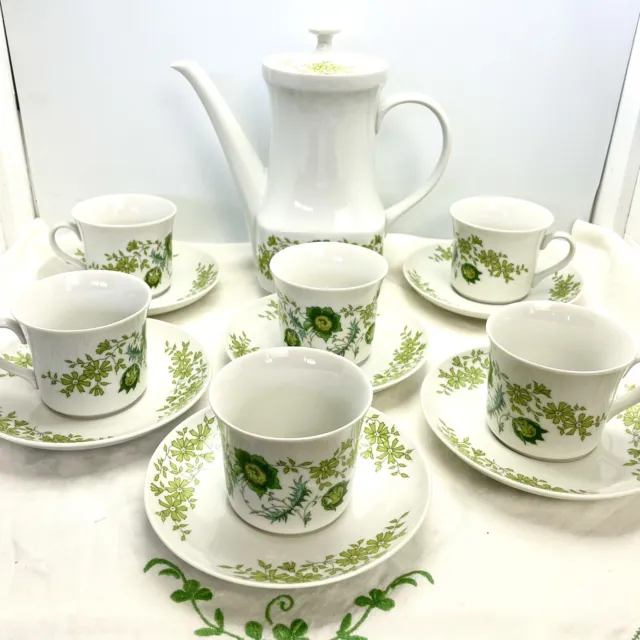Vintage coffee set TK Thun Czech green floral 6 cups and saucers and coffee pot